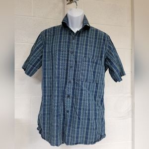 J. Ferrar Shirt Mens 16-16.5 Large Blue Yellow Red StripedShort Sleeve Button Up